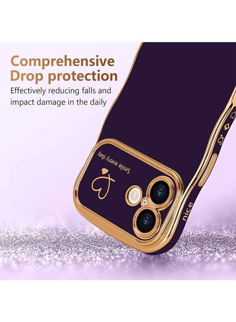 WRISTWISE Case Cover for iPhone 16, Cute Wave Frame Curly Shape with Love Heart Pattern Raised Camera Protection Cover Luxury Plating Shockproof Phone Case for iPhone 16, Purple - Image 3