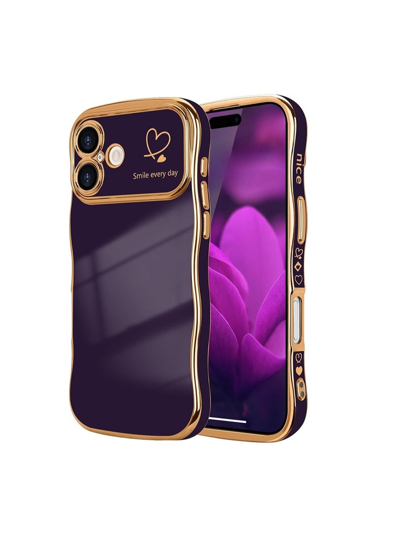 WRISTWISE Case Cover for iPhone 16, Cute Wave Frame Curly Shape with Love Heart Pattern Raised Camera Protection Cover Luxury Plating Shockproof Phone Case for iPhone 16, Purple - Image 1