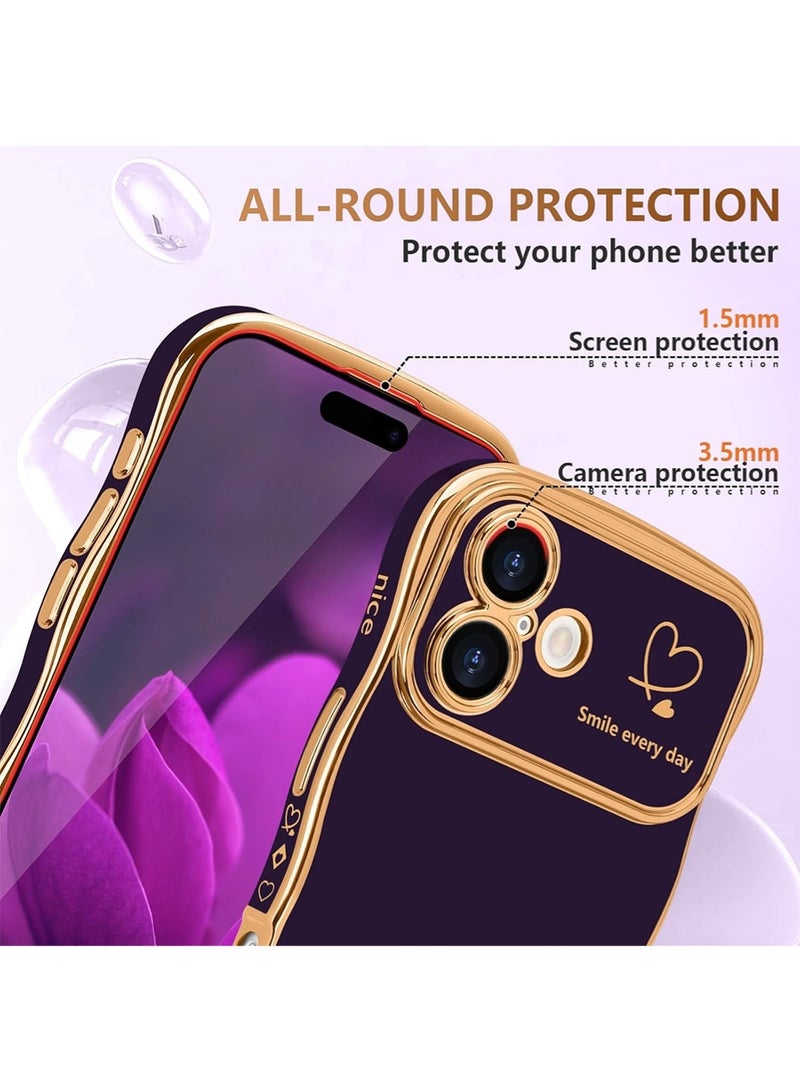 WRISTWISE Case Cover for iPhone 16, Cute Wave Frame Curly Shape with Love Heart Pattern Raised Camera Protection Cover Luxury Plating Shockproof Phone Case for iPhone 16, Purple - Image 4
