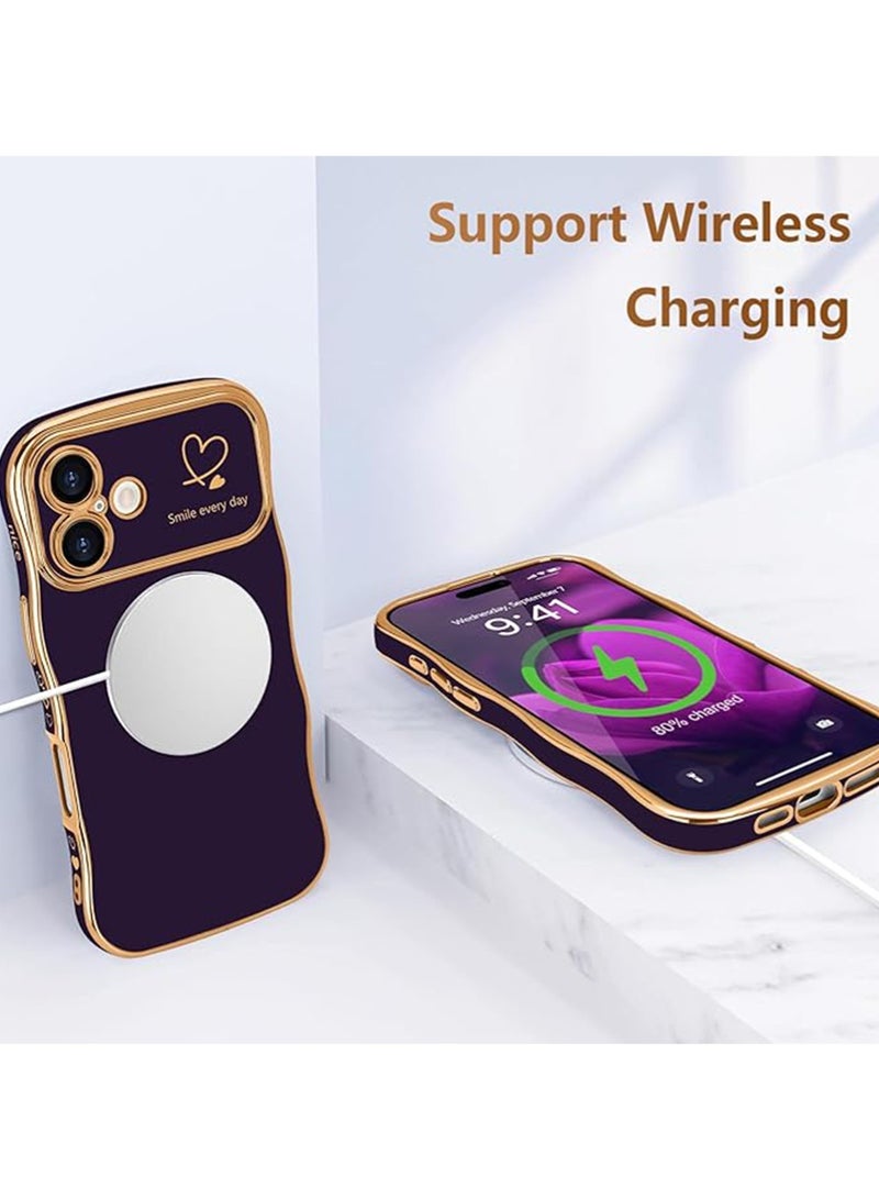 WRISTWISE Case Cover for iPhone 16, Cute Wave Frame Curly Shape with Love Heart Pattern Raised Camera Protection Cover Luxury Plating Shockproof Phone Case for iPhone 16, Purple - Image 5