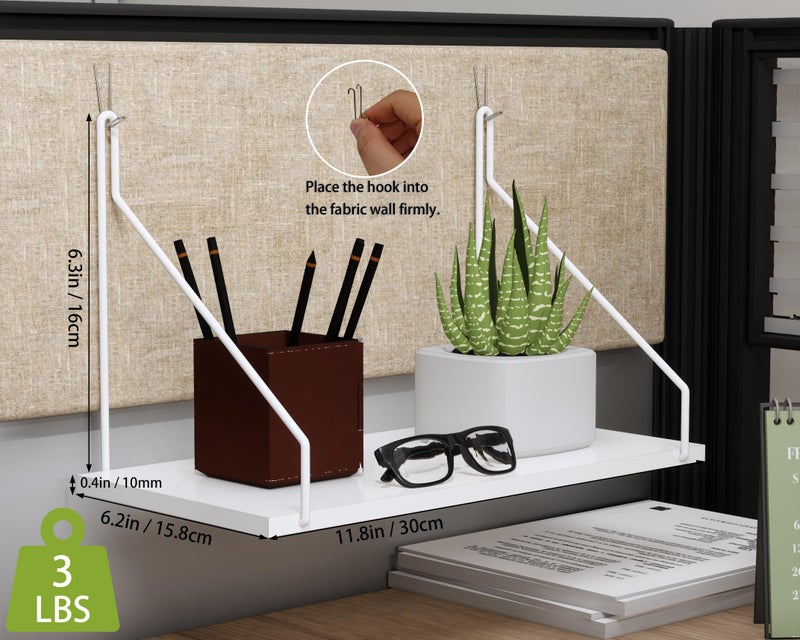SoaShower Cubicle Shelf with Hooks â€“ 11.8" Office Cubicle Accessories for Work, Floating Wall Shelf for Decor, Hanging Organizer for Cubicle Wall Storage & Office Decorations&White - Image 2