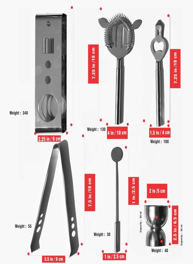 Pure Source India Stainless Steel Bar Tools Kit with Stand 6 Piece Bar Tools & Accessories - Double Sided Measuring Cup, Strainer, Mixer Spoon, Tongs, Opener & Stand (19.5 CM Silver) - Image 4