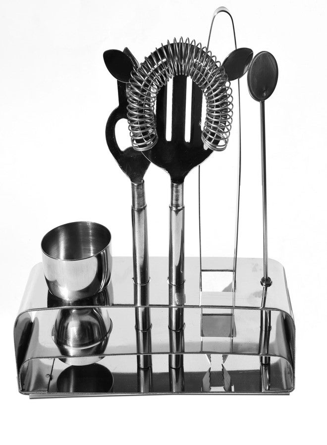 Pure Source India Stainless Steel Bar Tools Kit with Stand 6 Piece Bar Tools & Accessories - Double Sided Measuring Cup, Strainer, Mixer Spoon, Tongs, Opener & Stand (19.5 CM Silver) - Image 1