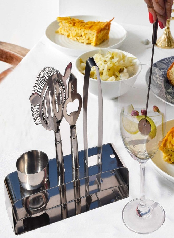 Pure Source India Stainless Steel Bar Tools Kit with Stand 6 Piece Bar Tools & Accessories - Double Sided Measuring Cup, Strainer, Mixer Spoon, Tongs, Opener & Stand (19.5 CM Silver) - Image 3