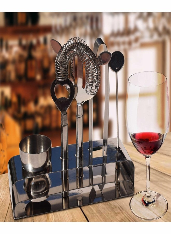 Pure Source India Stainless Steel Bar Tools Kit with Stand 6 Piece Bar Tools & Accessories - Double Sided Measuring Cup, Strainer, Mixer Spoon, Tongs, Opener & Stand (19.5 CM Silver) - Image 2
