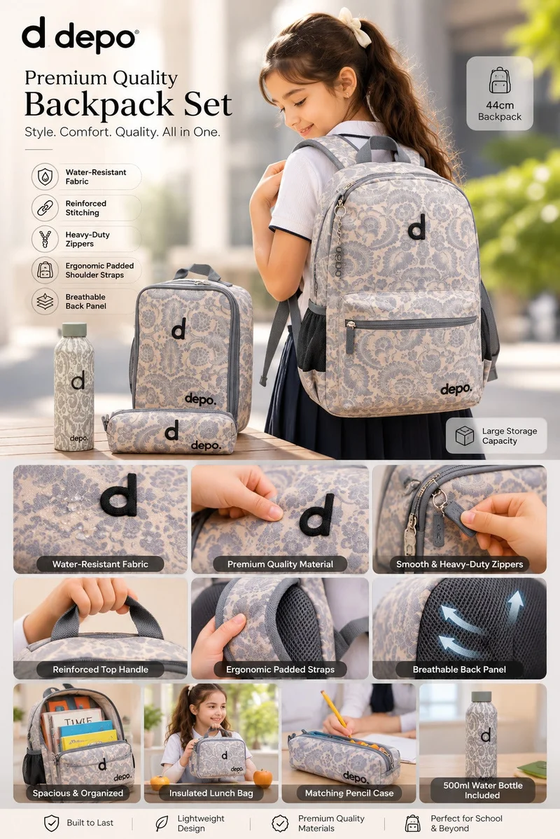 Depo 4-Piece School Backpack Set for Girls – 44 cm Backpack with Insulated Lunch Bag, Pencil Case & Stainless Steel Water Bottle | Lightweight, Durable & Stylish Floral Design