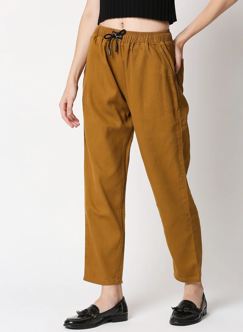 HIGH STAR Women Rust Orange Mom Fit Cotton Trousers