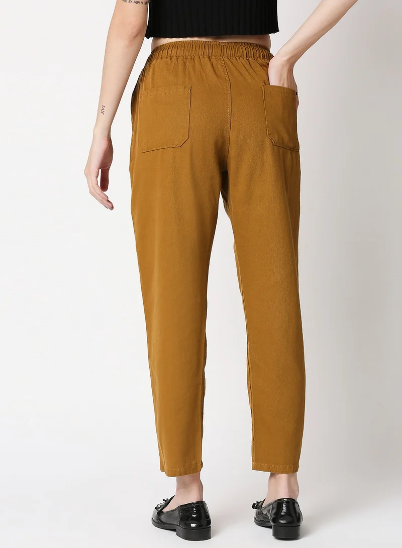 HIGH STAR Women Rust Orange Mom Fit Cotton Trousers