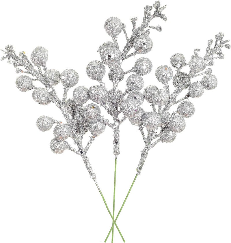 Lvydec 16pcs Christmas Glitter Berries Stems Clearance, 7.8" Artificial Christmas Picks for Christmas Tree Ornaments, DIY Xmas Wreath, Crafts, Holiday and Home Decor (Silver) - Image 1