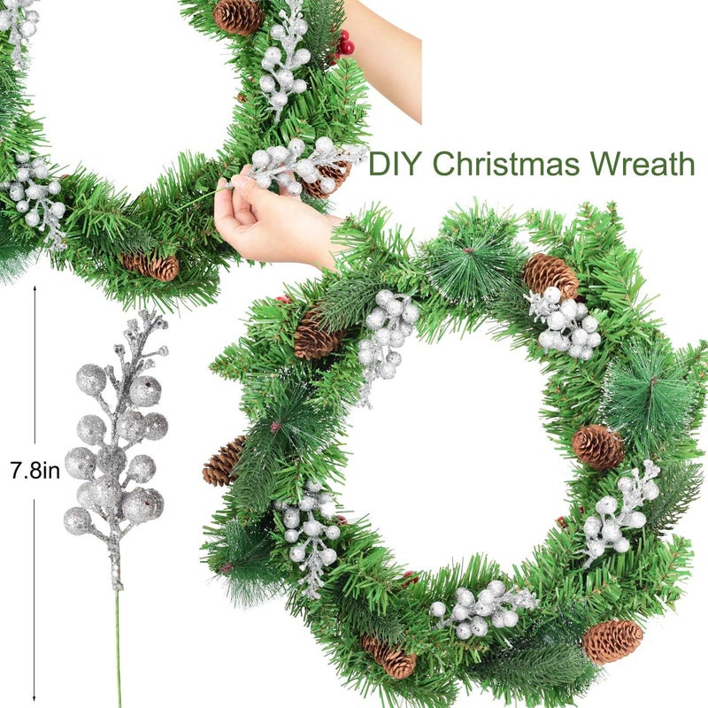 Lvydec 16pcs Christmas Glitter Berries Stems Clearance, 7.8" Artificial Christmas Picks for Christmas Tree Ornaments, DIY Xmas Wreath, Crafts, Holiday and Home Decor (Silver) - Image 2