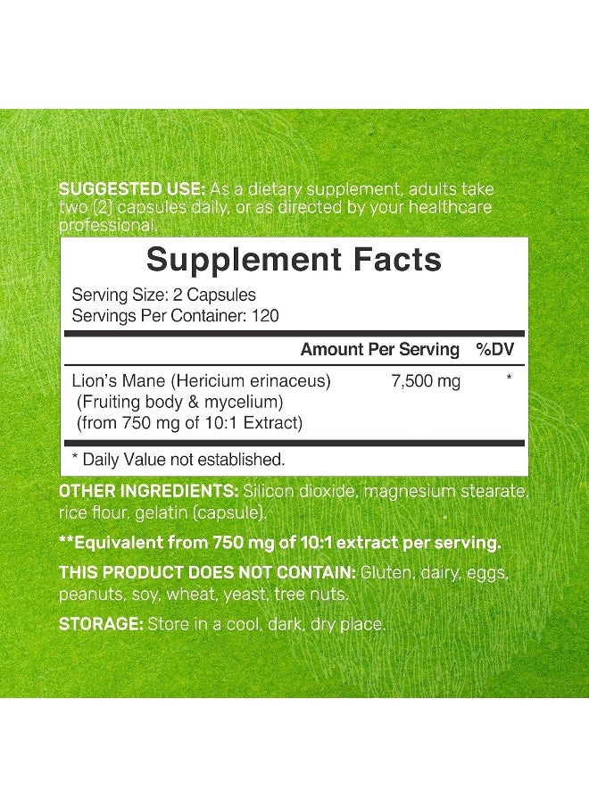 DEAL SUPPLEMENT Lions Mane Mushroom Supplement, 7,500mg Per Serving, 240 Capsules – Active Fruiting Body & Mycelium 10:1 Extract – Natural Brain Nootropic & Immune System Booster – Non-GMO  - Image 2