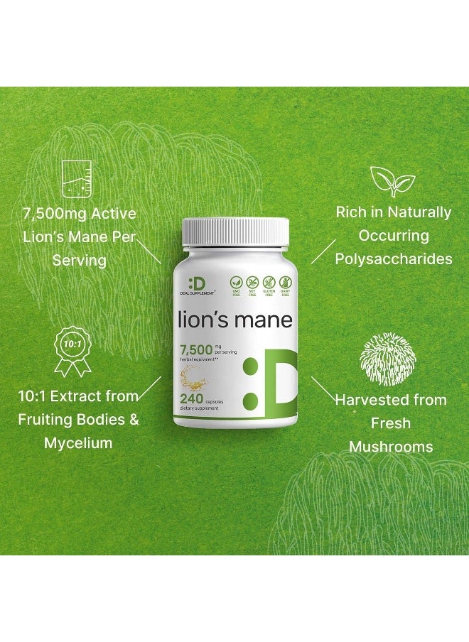 DEAL SUPPLEMENT Lions Mane Mushroom Supplement, 7,500mg Per Serving, 240 Capsules – Active Fruiting Body & Mycelium 10:1 Extract – Natural Brain Nootropic & Immune System Booster – Non-GMO  - Image 4