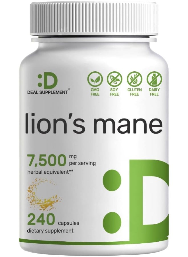 DEAL SUPPLEMENT Lions Mane Mushroom Supplement, 7,500mg Per Serving, 240 Capsules – Active Fruiting Body & Mycelium 10:1 Extract – Natural Brain Nootropic & Immune System Booster – Non-GMO  - Image 1