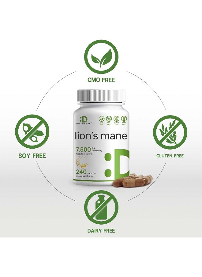 DEAL SUPPLEMENT Lions Mane Mushroom Supplement, 7,500mg Per Serving, 240 Capsules – Active Fruiting Body & Mycelium 10:1 Extract – Natural Brain Nootropic & Immune System Booster – Non-GMO  - Image 3