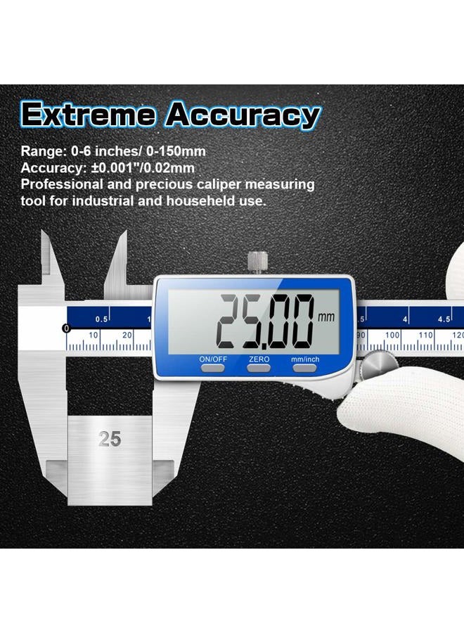 Qfun Digital Caliper, 0-6" Caliper Measuring Tool Extreme Accuracy IP54 Waterproof Electronic Vernier Caliper Stainless Steel Digital Micrometer with Extra Large LCD Screen - Image 2