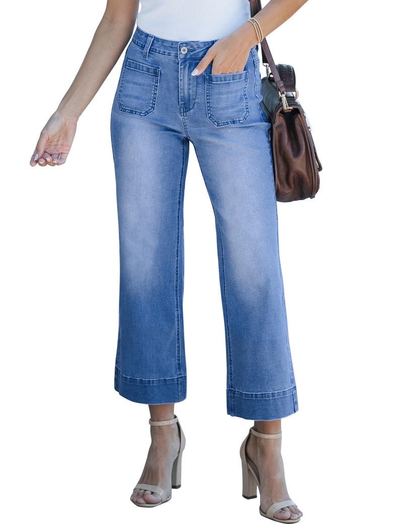 luvamia Wide Leg Jeans for Women Trendy High Waisted Flare Jeans Cropped Denim Pants Stretchy Baggy with Patch Pockets Womens High Waisted Jeans for Women Stretch Classic Blue Size 12 Size 14 - Image 1