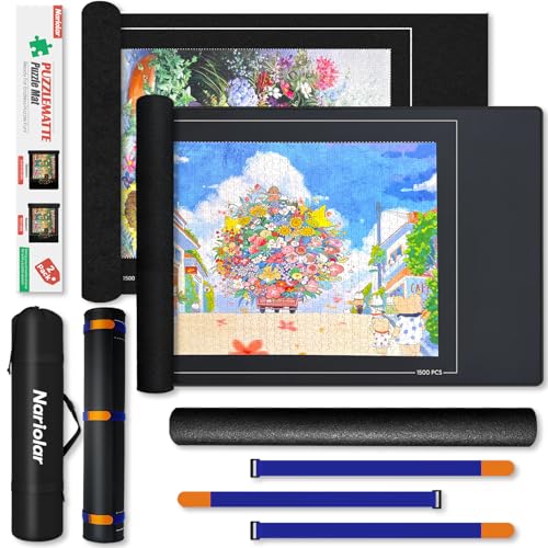 Nariolar Jigsaw Puzzle Mat Roll Up 47 x 26 Inch Portable NonSlip Rubber Felt Mat for 50010001500 Piece Puzzles Pack of 2 Mats - Image 1