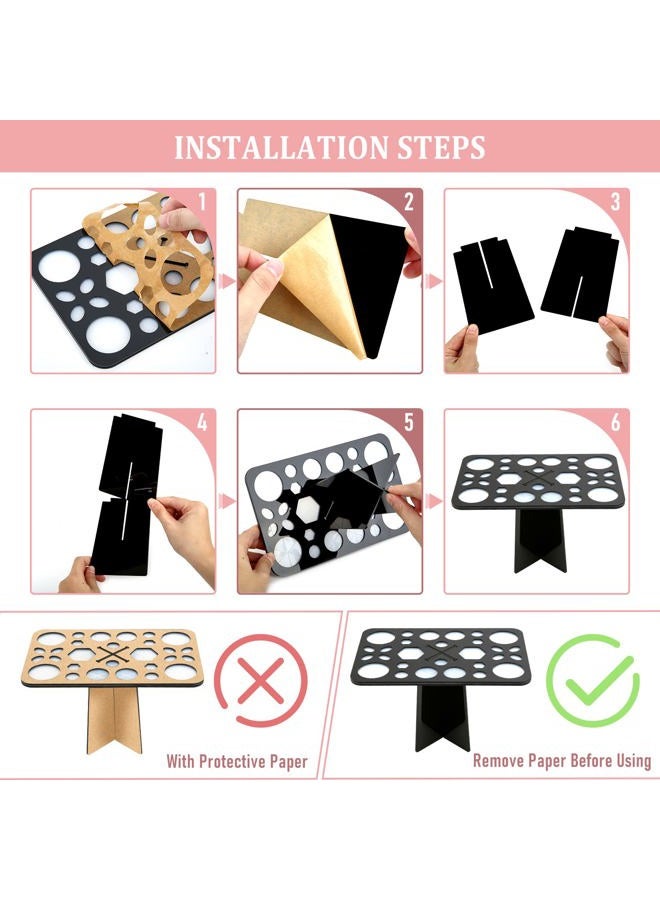Diolan Makeup Brush Cleaning Mat & Makeup Brush Drying Rack, Diolan 28 Holes Makeup Brush Holder, Silicone Rubber Clover Shaped Mat Cleaner - Black & Pink - Image 3