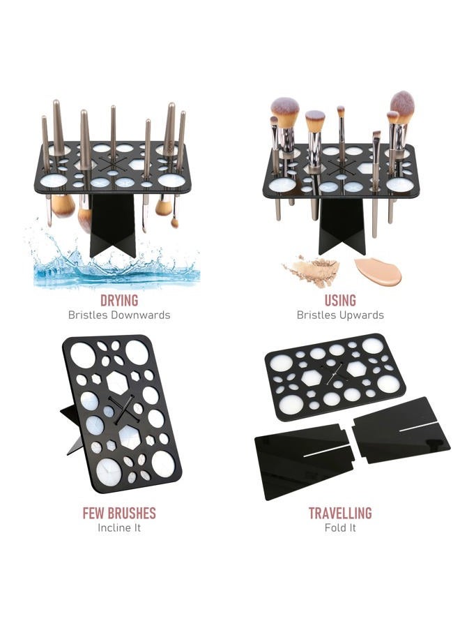 Diolan Makeup Brush Cleaning Mat & Makeup Brush Drying Rack, Diolan 28 Holes Makeup Brush Holder, Silicone Rubber Clover Shaped Mat Cleaner - Black & Pink - Image 5