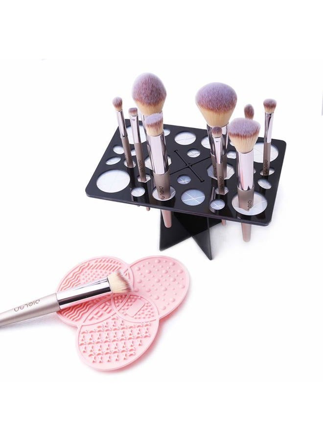 Diolan Makeup Brush Cleaning Mat & Makeup Brush Drying Rack, Diolan 28 Holes Makeup Brush Holder, Silicone Rubber Clover Shaped Mat Cleaner - Black & Pink - Image 1