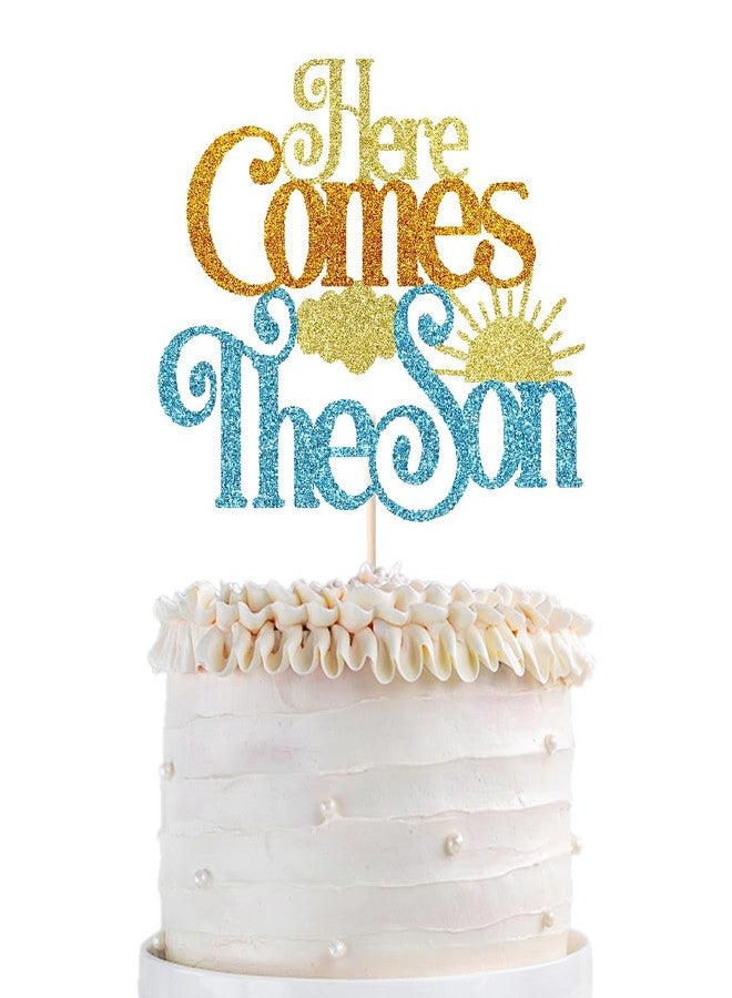 Qertesl Glitter Here Comes The Son Baby Shower Cake Topper -First Birthday Cake Topper For Baby, Photo Booth Props,Sun Theme Party 1st Boy Birthday Party Decoration Supplies - Image 1