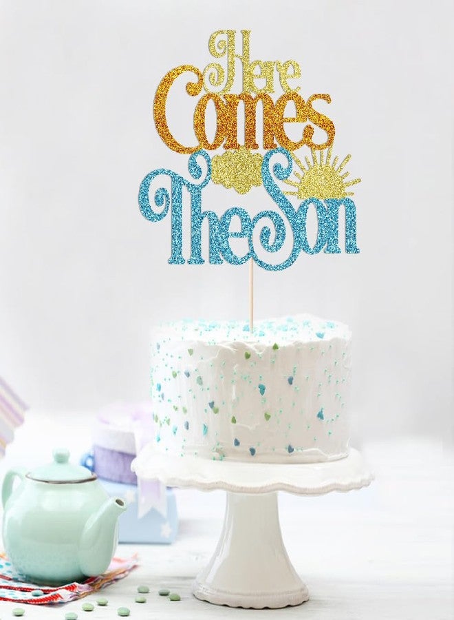 Qertesl Glitter Here Comes The Son Baby Shower Cake Topper -First Birthday Cake Topper For Baby, Photo Booth Props,Sun Theme Party 1st Boy Birthday Party Decoration Supplies - Image 4