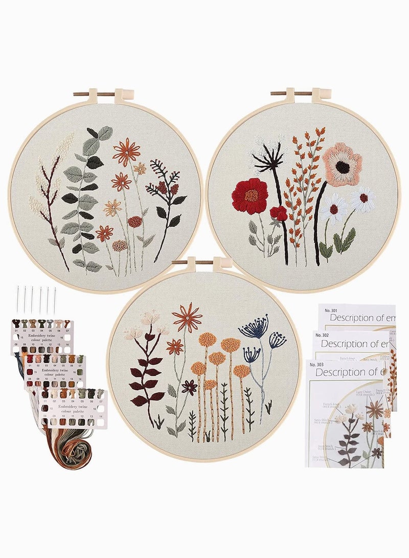 Y&D 3 Pack Embroidery Starter Kit for Beginners Stamped Cross Stitch with Cute Flowers and Plants Patterns Hoops Color Threads Adults Kids - Image 1