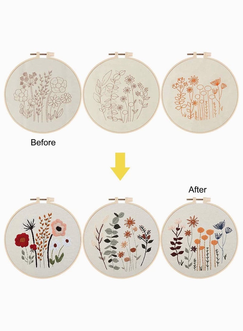 Y&D 3 Pack Embroidery Starter Kit for Beginners Stamped Cross Stitch with Cute Flowers and Plants Patterns Hoops Color Threads Adults Kids - Image 3