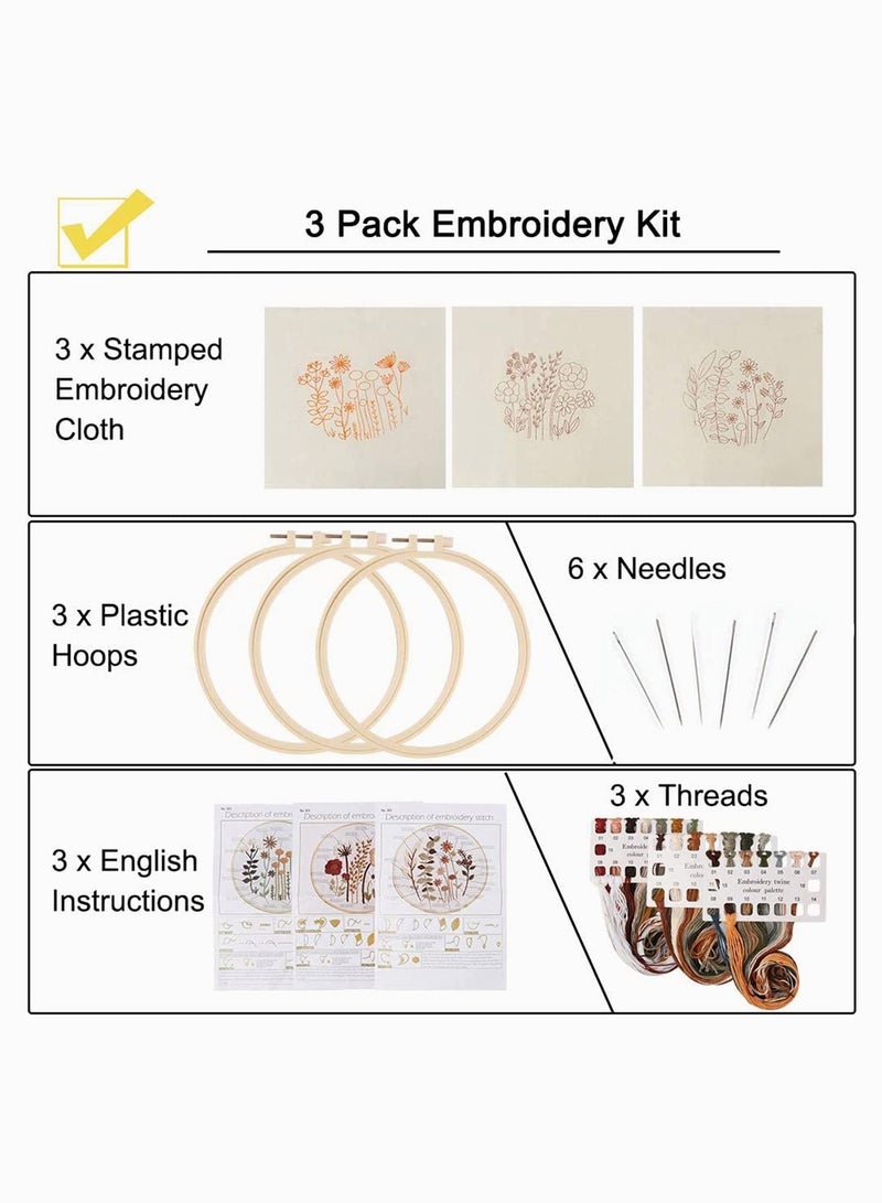 Y&D 3 Pack Embroidery Starter Kit for Beginners Stamped Cross Stitch with Cute Flowers and Plants Patterns Hoops Color Threads Adults Kids - Image 2