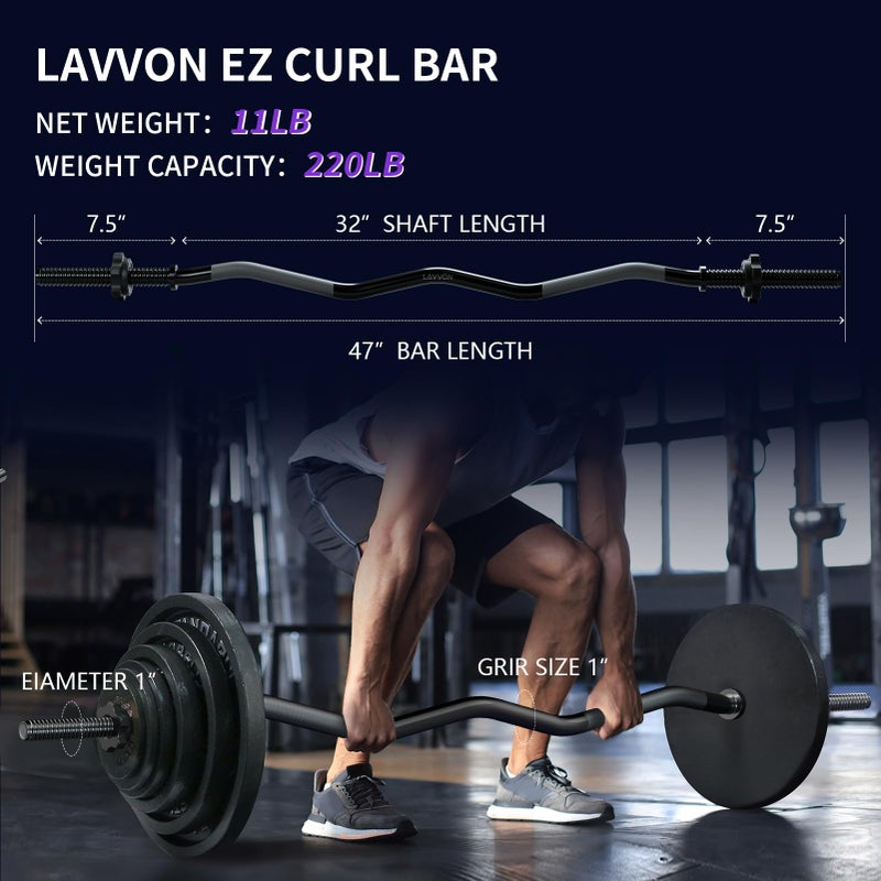 LAVVON 47" EZ Curl Bar Weight Lifting Bar, 1-inch Curling Bars for Weight lifting, Barbell bar for Hip Thrusts/Squats/Lunges for Gym and Home, With 2 Star Double Risk T-nuts (220lb Weight Capacity) (Black) - Image 3