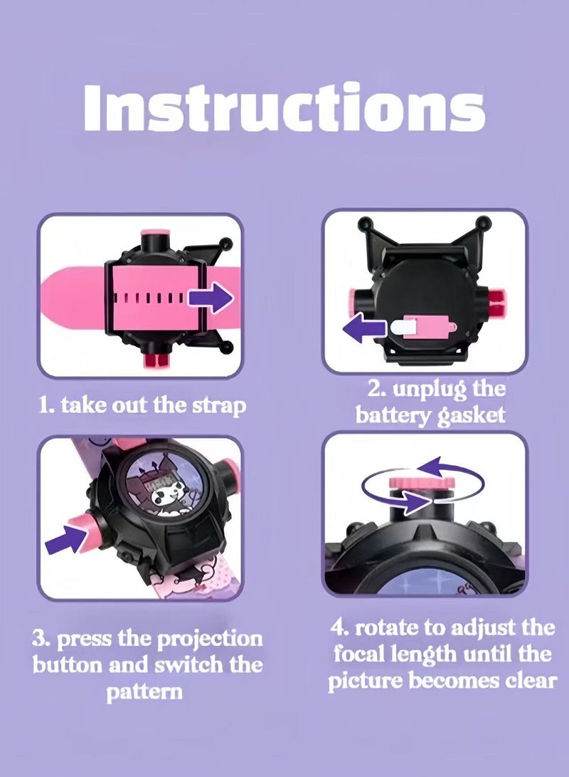 Sweet Life 2Pcs 3D Projection Watch for Girls – Kuromi Cartoon Toy Watch with Flip Lid, 24 Glowing Images, Electronic Time Display – Kids Gift Idea - Image 4