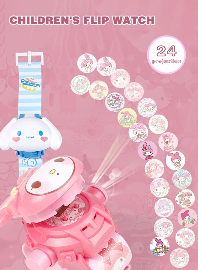 Sweet Life 2Pcs 3D Projection Watch for Girls – Kuromi Cartoon Toy Watch with Flip Lid, 24 Glowing Images, Electronic Time Display – Kids Gift Idea - Image 3