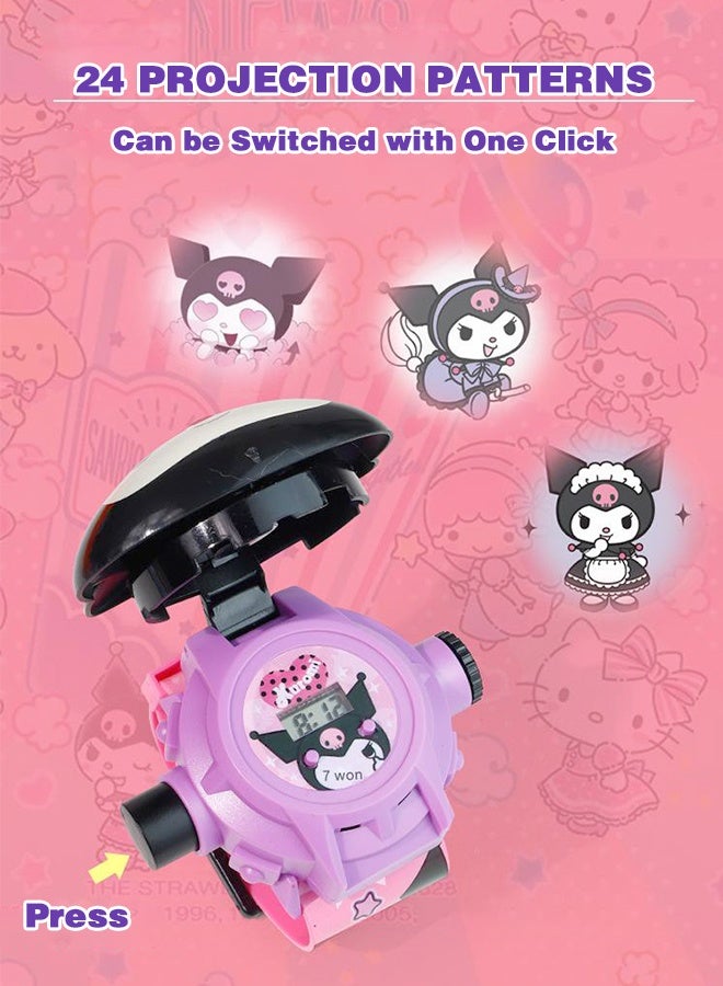 Sweet Life 2Pcs 3D Projection Watch for Girls – Kuromi Cartoon Toy Watch with Flip Lid, 24 Glowing Images, Electronic Time Display – Kids Gift Idea - Image 2