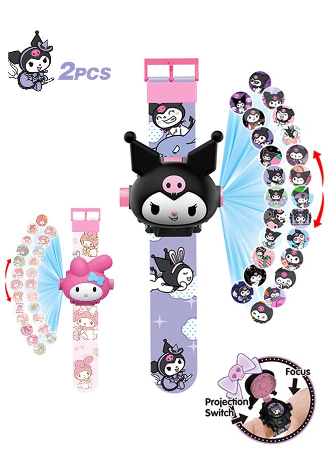 Sweet Life 2Pcs 3D Projection Watch for Girls – Kuromi Cartoon Toy Watch with Flip Lid, 24 Glowing Images, Electronic Time Display – Kids Gift Idea - Image 1