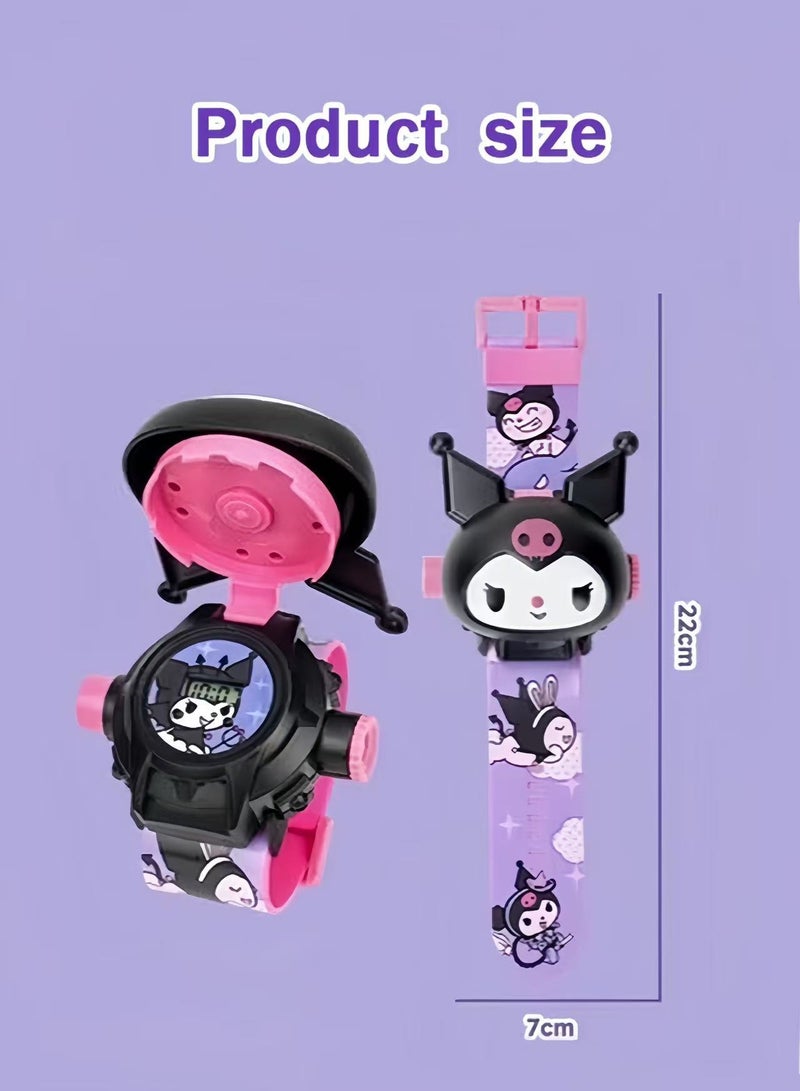 Sweet Life 2Pcs 3D Projection Watch for Girls – Kuromi Cartoon Toy Watch with Flip Lid, 24 Glowing Images, Electronic Time Display – Kids Gift Idea - Image 5