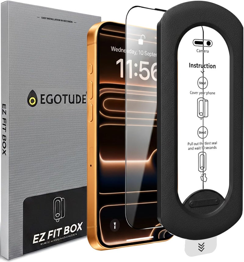 EGOTUDE for iPhone 17 Pro Tempered Glass 9H Hardnes Edge-To-Edge Coverage Screen Guard Protector with Easy Fit Auto Dust Removal Kit - Image 1