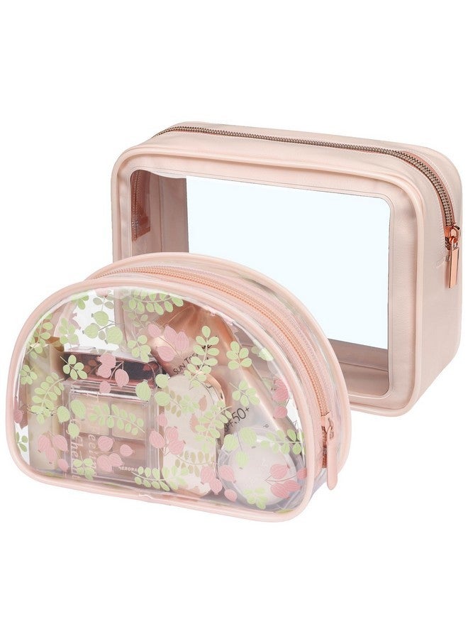 Packism Tsa Approved Toiletry Bag - Pink Floral Print Clear Shell Bag And Upgrade Color-Edged Clear Travel Bag, Perfect For On The Go Or Travel, Lightweight And Robust, 2 Pack - Image 1