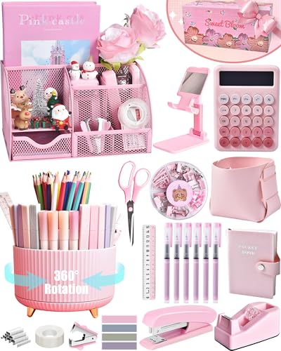 LXEVIHK 21Pcs Pink Desk Organizers and Accessories With Mesh Desk Organizer and 360Rotating Pen Holder and a Lot of Office Pink Office Supplies Beautifully Presented in a Gift Box - Image 1