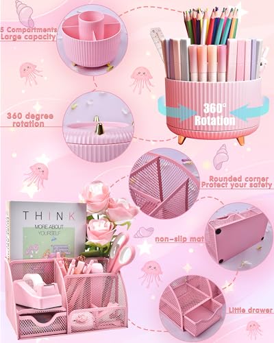 LXEVIHK 21Pcs Pink Desk Organizers and Accessories With Mesh Desk Organizer and 360Rotating Pen Holder and a Lot of Office Pink Office Supplies Beautifully Presented in a Gift Box - Image 3