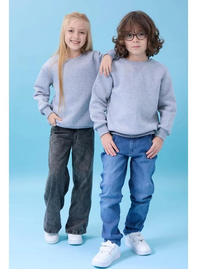 Perendi Unisex Basic Bicycle Collar Ribbed Winter Sweatshirt - Gray.