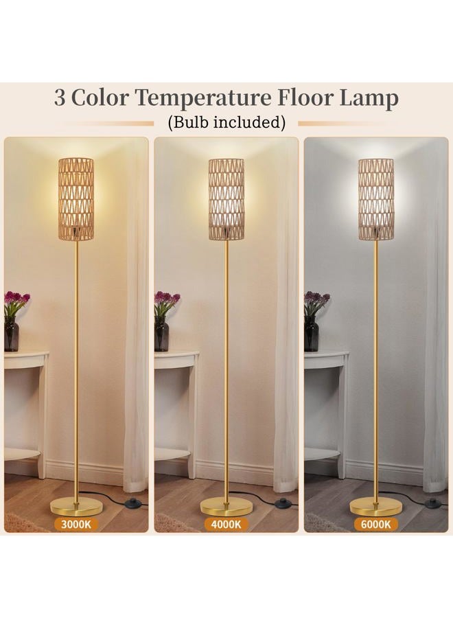 Ruiever Floor Lamp for Living Room,Farmhouse Floor lamp,Modern Standing lamp with Hand-Worked Rattan Shade (Round Rattan Shade Gold Color-3 Color Bulb) - Image 4