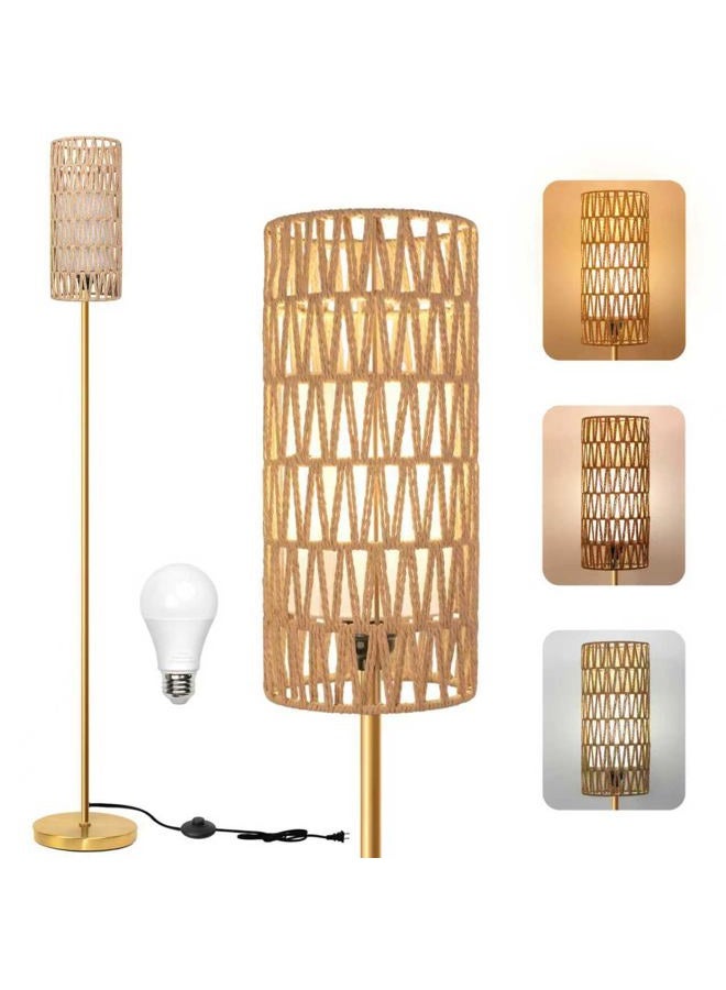 Ruiever Floor Lamp for Living Room,Farmhouse Floor lamp,Modern Standing lamp with Hand-Worked Rattan Shade (Round Rattan Shade Gold Color-3 Color Bulb) - Image 1