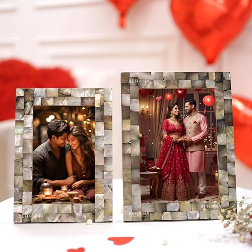 BEHOMA Wood Elegant Mother Of Pearl Handcrafted Rectangular Picture Photo Frames Tabletop (Set Of 2) | Best Gift For Home Decor, Birthday, Anniversary, Valentine'S Day, (Black, 4X6 & 5X7 inch). - Image 1