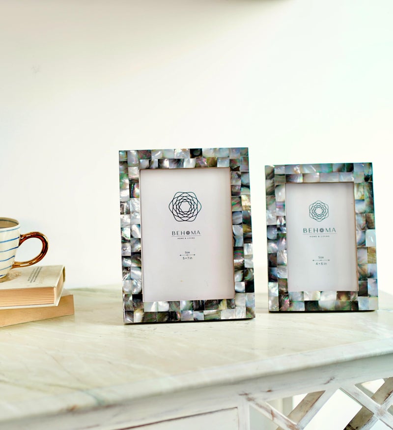BEHOMA Wood Elegant Mother Of Pearl Handcrafted Rectangular Picture Photo Frames Tabletop (Set Of 2) | Best Gift For Home Decor, Birthday, Anniversary, Valentine'S Day, (Black, 4X6 & 5X7 inch). - Image 3