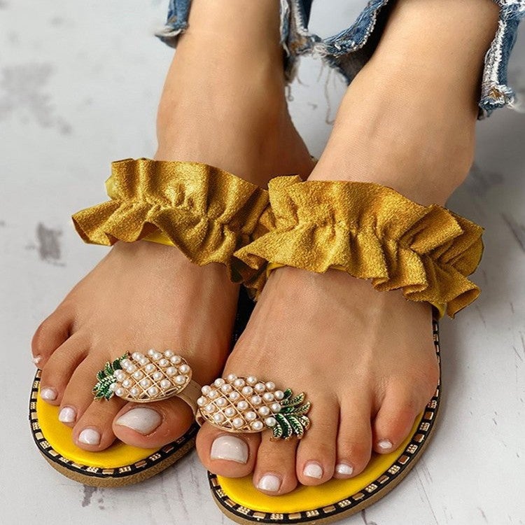 size plus size women''s shoes 2022 summer new pineapple rhinestone sandals women''s outer wear flat beach shoes - Image 2