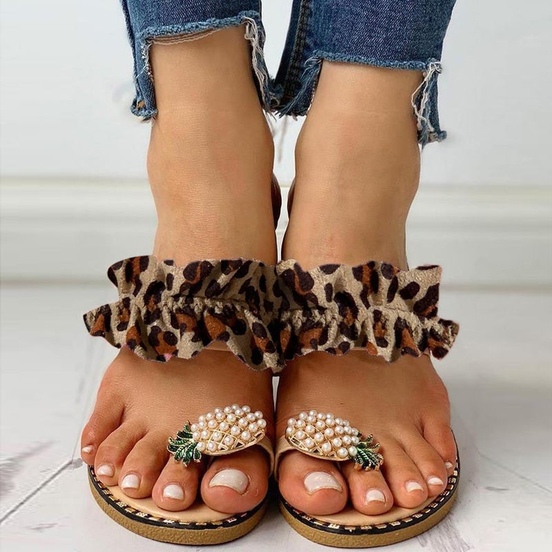 size plus size women''s shoes 2022 summer new pineapple rhinestone sandals women''s outer wear flat beach shoes - Image 1