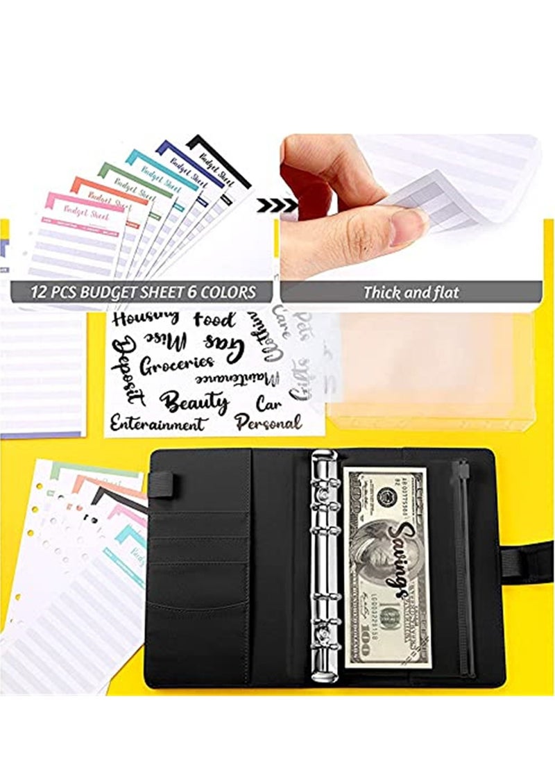 Generic A6 Leather Binder 6 Ring Binder Cover 8Pcs Binder Pockets 12Pcs Expense Budget Sheets & 2Pcs Categories Sticker Labels Money Saving Binder for Budgeting(Black)  - Image 2