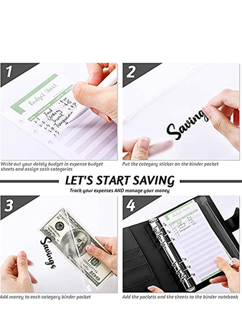 Generic A6 Leather Binder 6 Ring Binder Cover 8Pcs Binder Pockets 12Pcs Expense Budget Sheets & 2Pcs Categories Sticker Labels Money Saving Binder for Budgeting(Black)  - Image 3