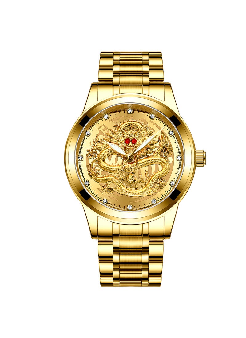 Generic - Fenzun embossed golden dragon watch mens waterproof non-mechanical watch mens diamond-embedded red treasure Stone Dragon face Fashion middle-aged and elderly watch Full gold-gold noodles - Image 1
