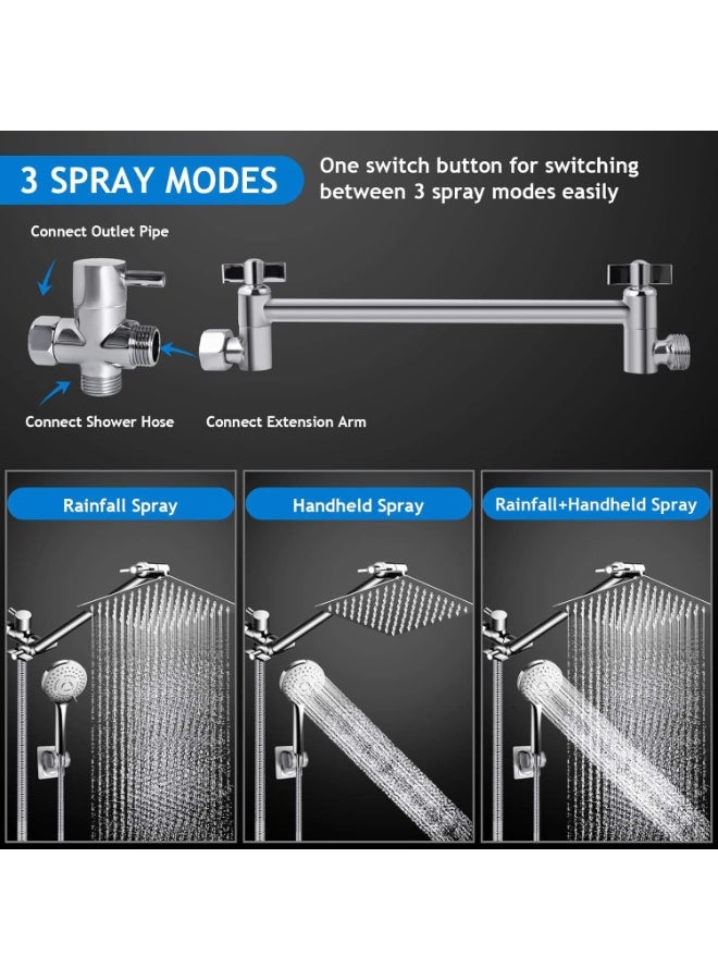 Shower Head Combo,8 Inch High Pressure Rain Shower Head with 11 Inch Adjustable Extension Arm and 5 Settings Handheld Shower Head Combo,Powerful Shower Spray Against Low Pressure Water with Long Hose - Image 2